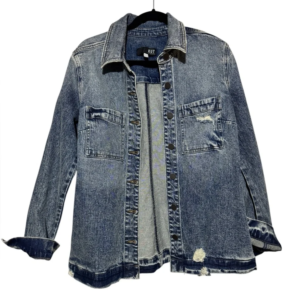 Kut From The Kloth NWT‎ Denim Jean Joni Shirt Jacket Coat Medium Distressed Worn